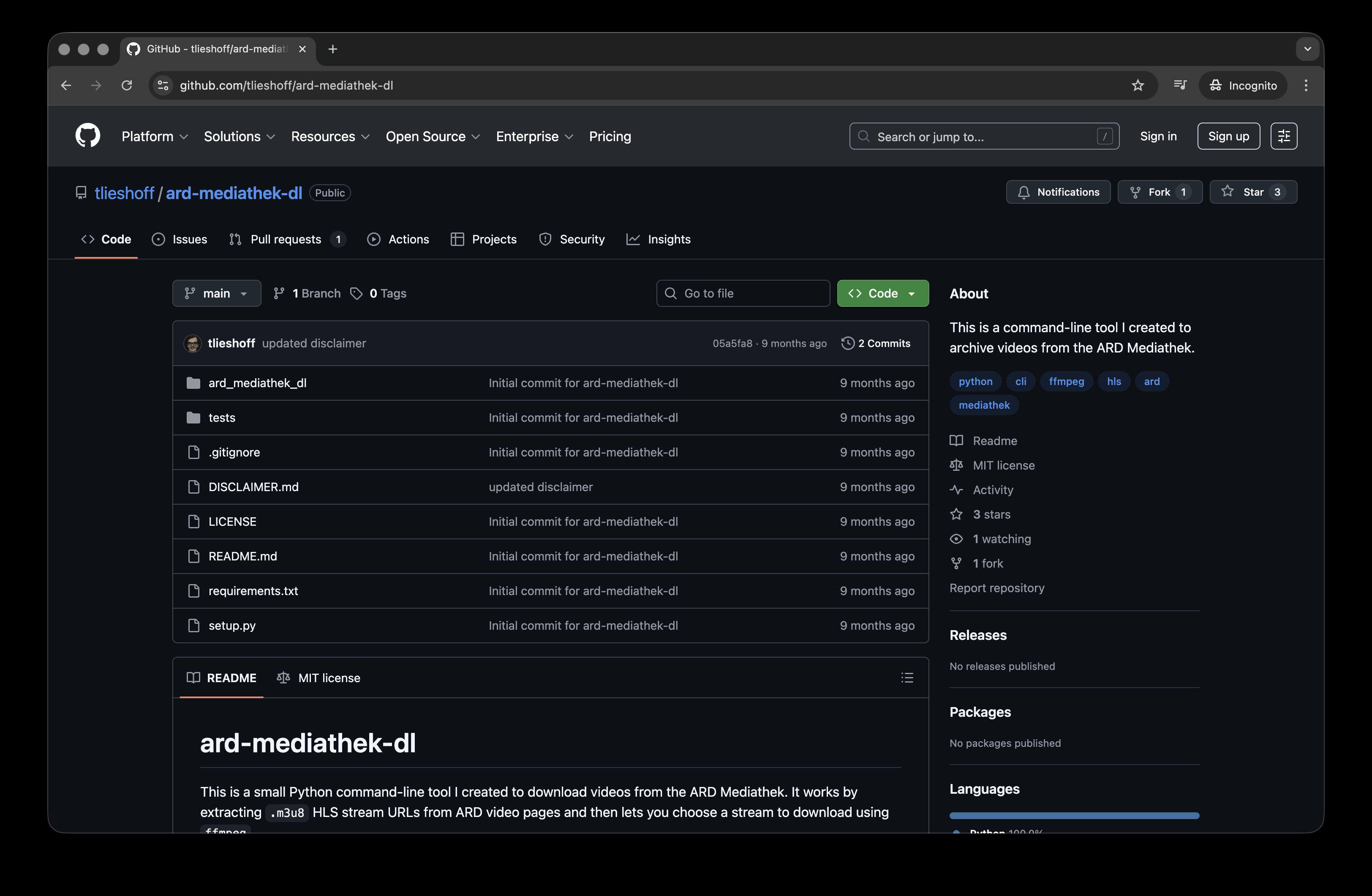 Screenshot of the ard-mediathek-dl GitHub repository