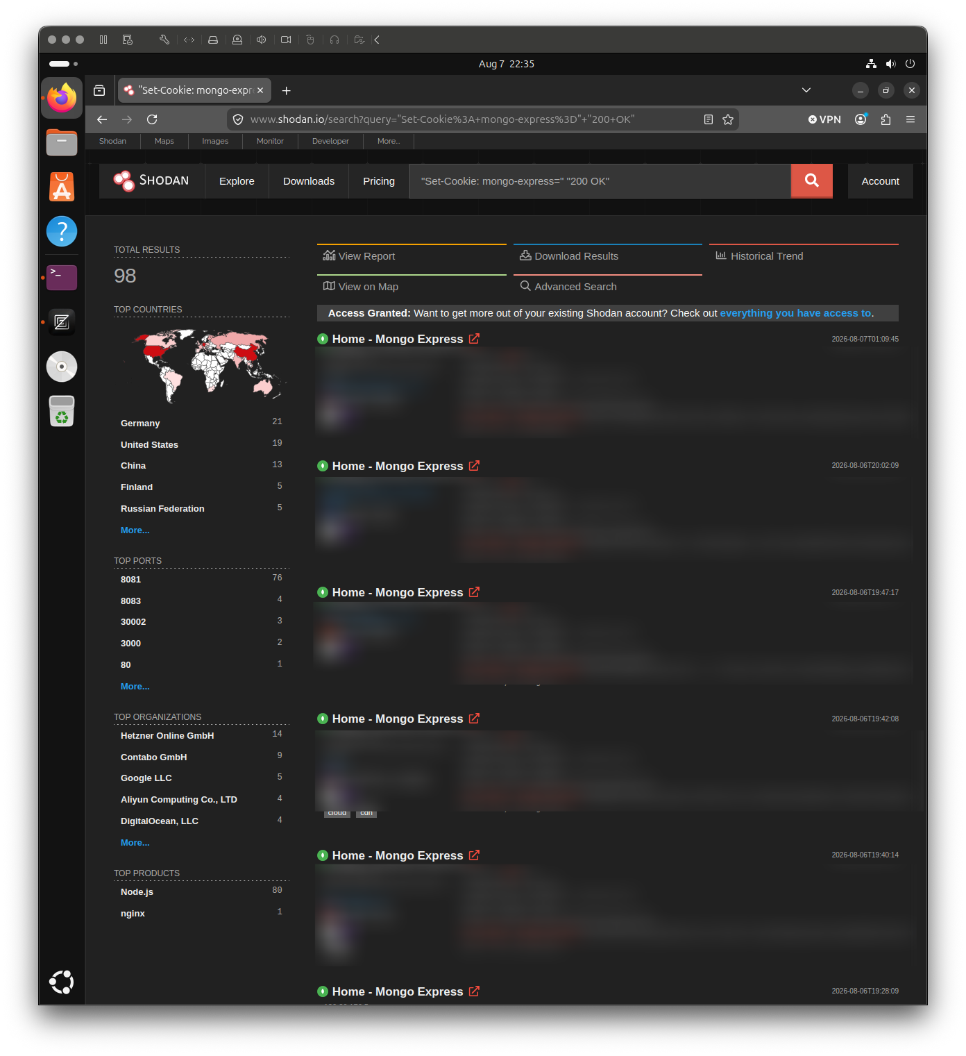 Sanitized Internet scan showing three publicly reachable services on the same host: OpenSSH on port 22, a Node.js/Express service on port 8081, and MongoDB on port 27017. Identifying host, provider, and network information has been removed.