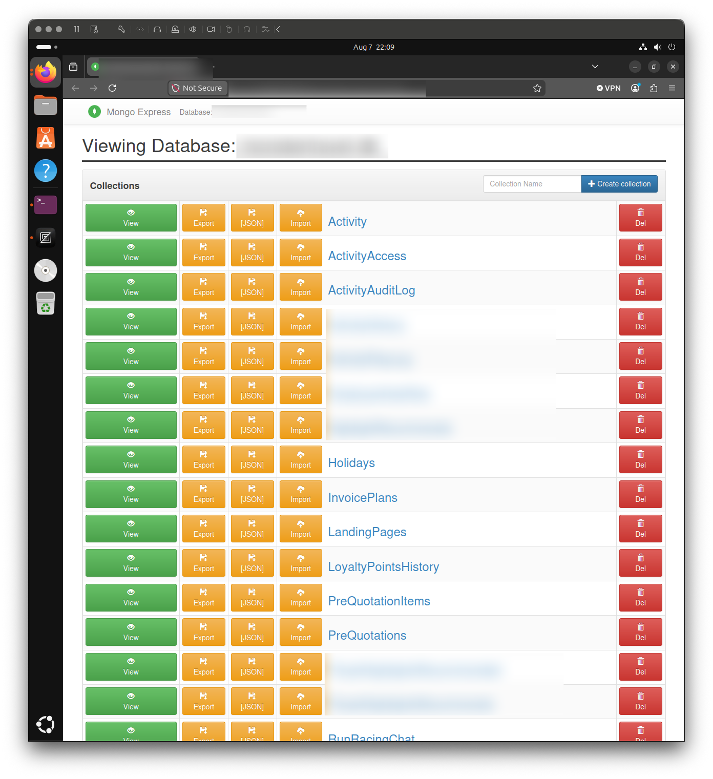 Sanitized Mongo Express interface showing that the publicly reachable administration tool was connected to an application database containing multiple collections. Database names, collection names, organization details, and other identifying information have been removed.