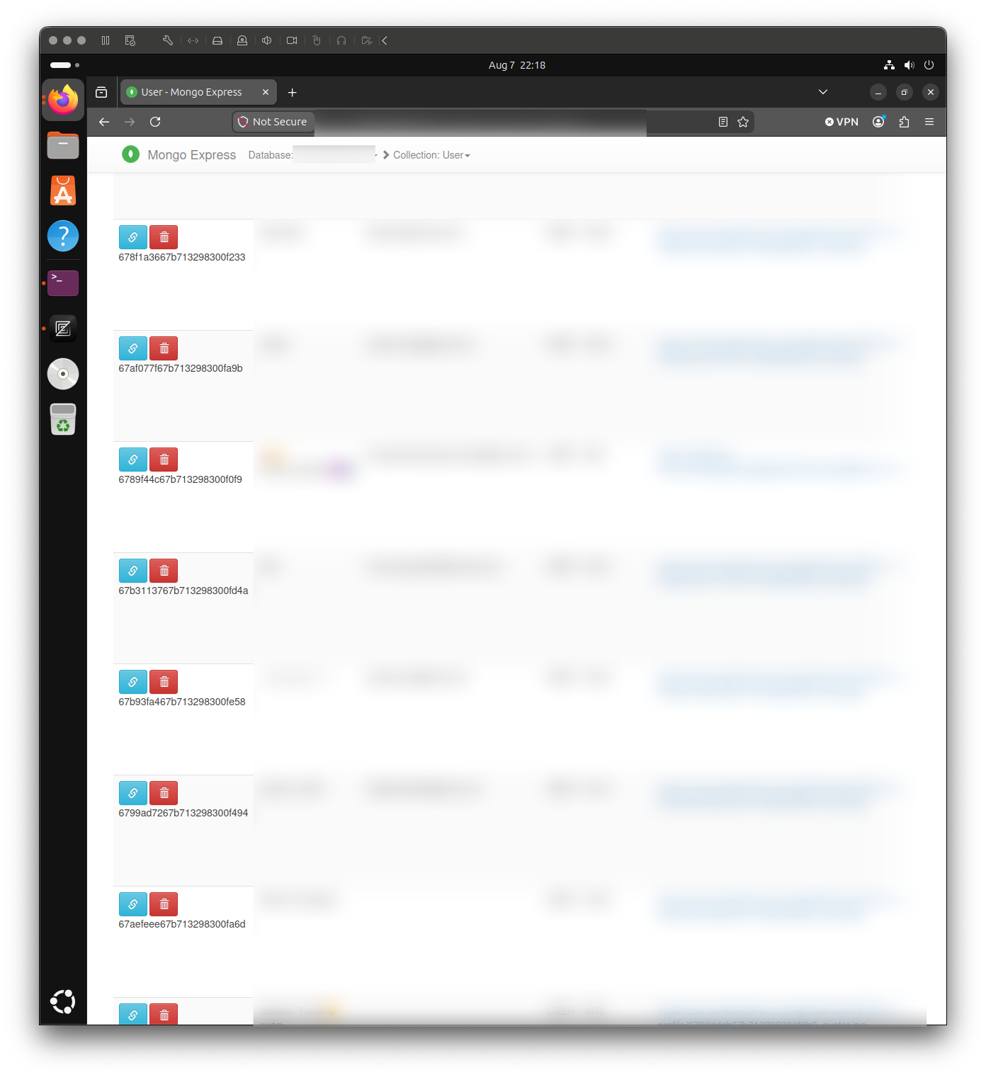 Sanitized Mongo Express view of an application user collection containing account fields such as names, email addresses, roles, internal identifiers, and profile metadata. All personal information and identifying database details visible in the original interface have been removed.